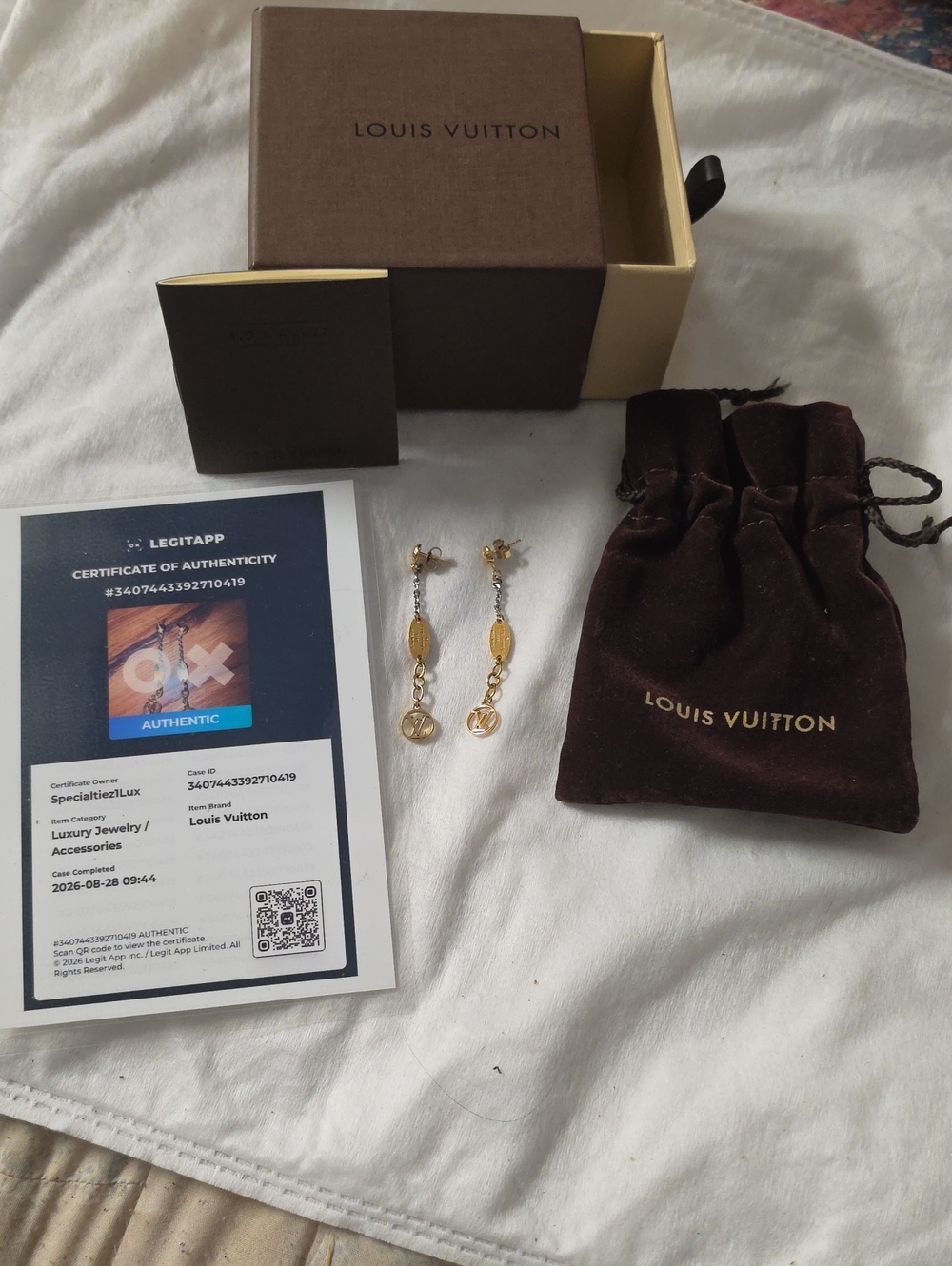 Authentic Louis Vuitton Gold-tone Chain Dangle LV Logo Earrings